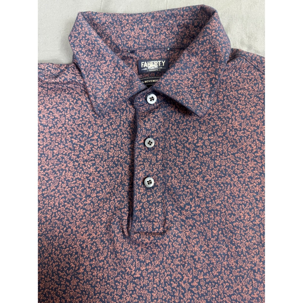Faherty The Movement Polo Mens Medium Navy Blue Brown Floral All Over Print S/S